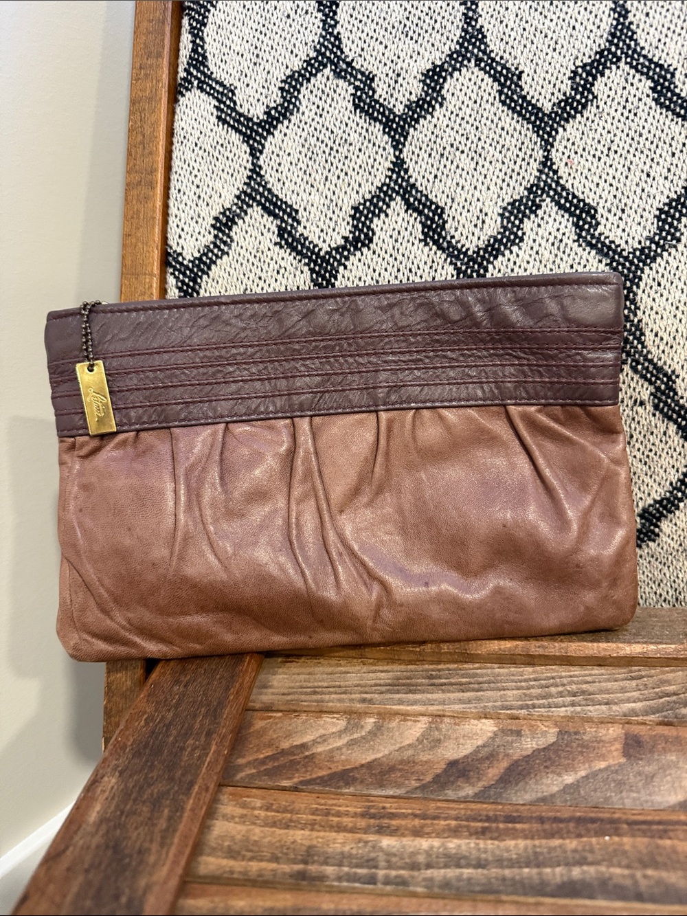 Letisse Brown Genuine Leather Zip Clutch Cosmetic Pouch Two-Tone